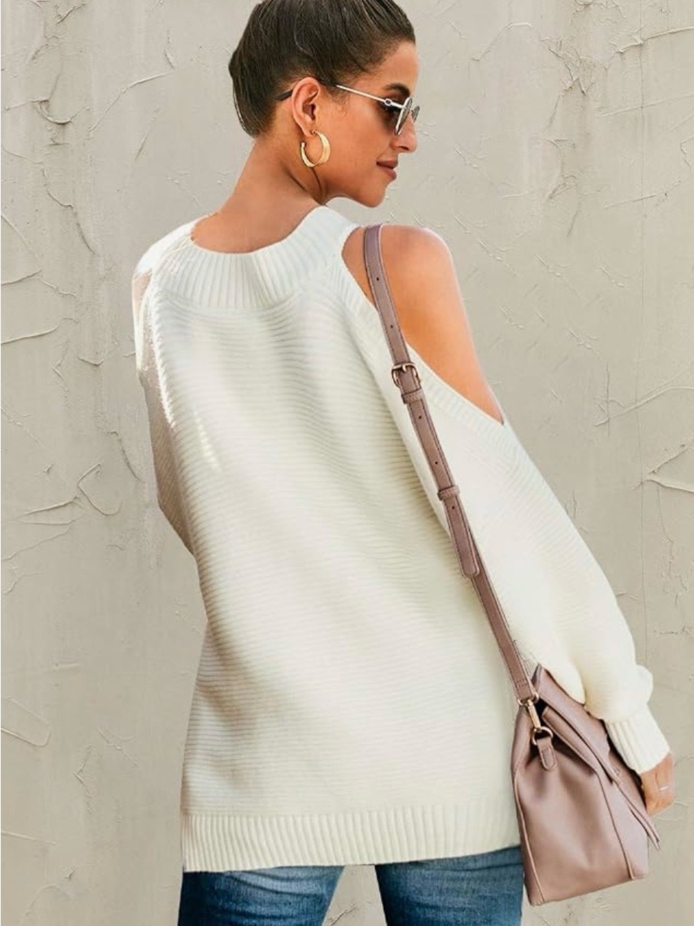 Cold-Shoulder White Ribbed Knit Sweater - Picture 2 of 7